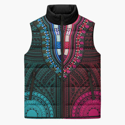 African Dashiki and Polynesian Pattern Sleeveless Puffer Jacket Half Teal-Pink
