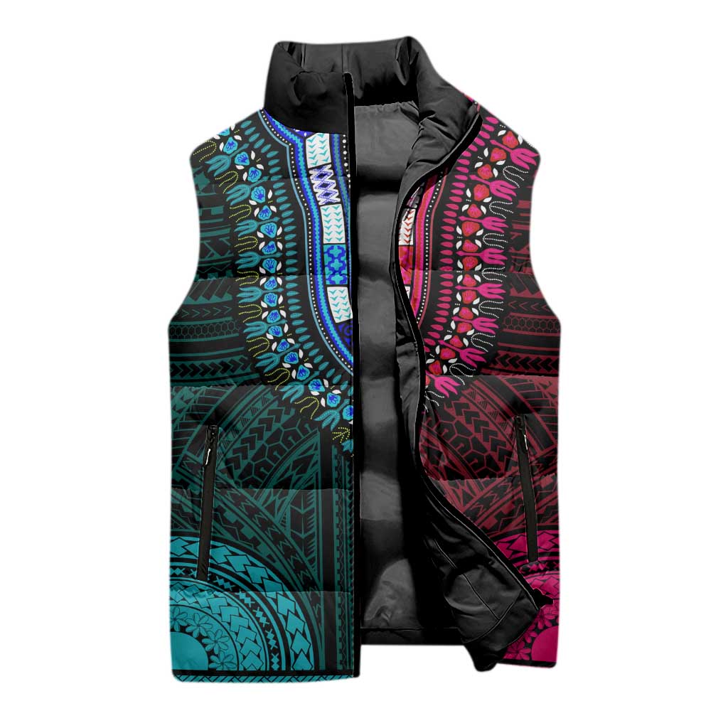 African Dashiki and Polynesian Pattern Sleeveless Puffer Jacket Half Teal-Pink