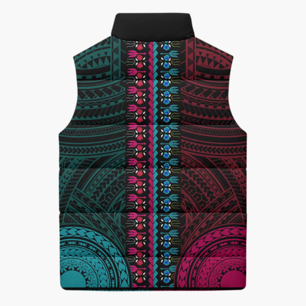 African Dashiki and Polynesian Pattern Sleeveless Puffer Jacket Half Teal-Pink