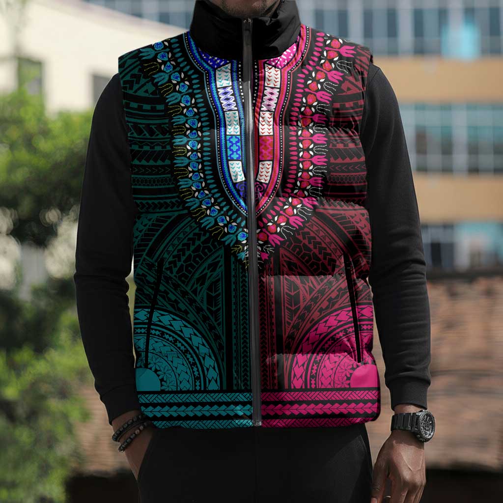 African Dashiki and Polynesian Pattern Sleeveless Puffer Jacket Half Teal-Pink