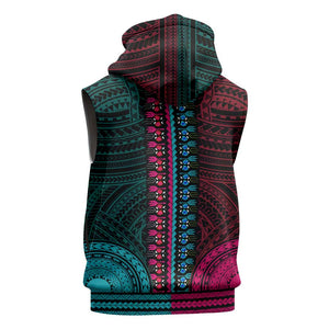 African Dashiki and Polynesian Pattern Sleeveless Zip Hoodie Half Teal-Pink - African Pride