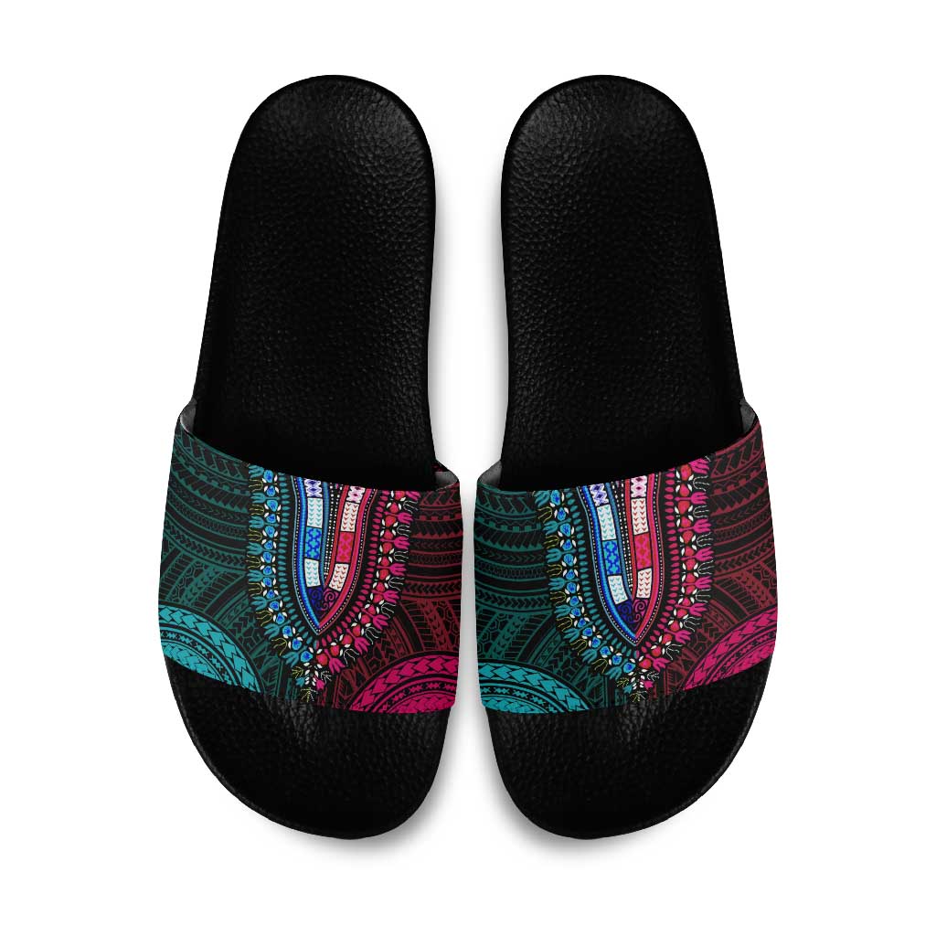 African Dashiki and Polynesian Pattern Slide Sandals Half Teal-Pink