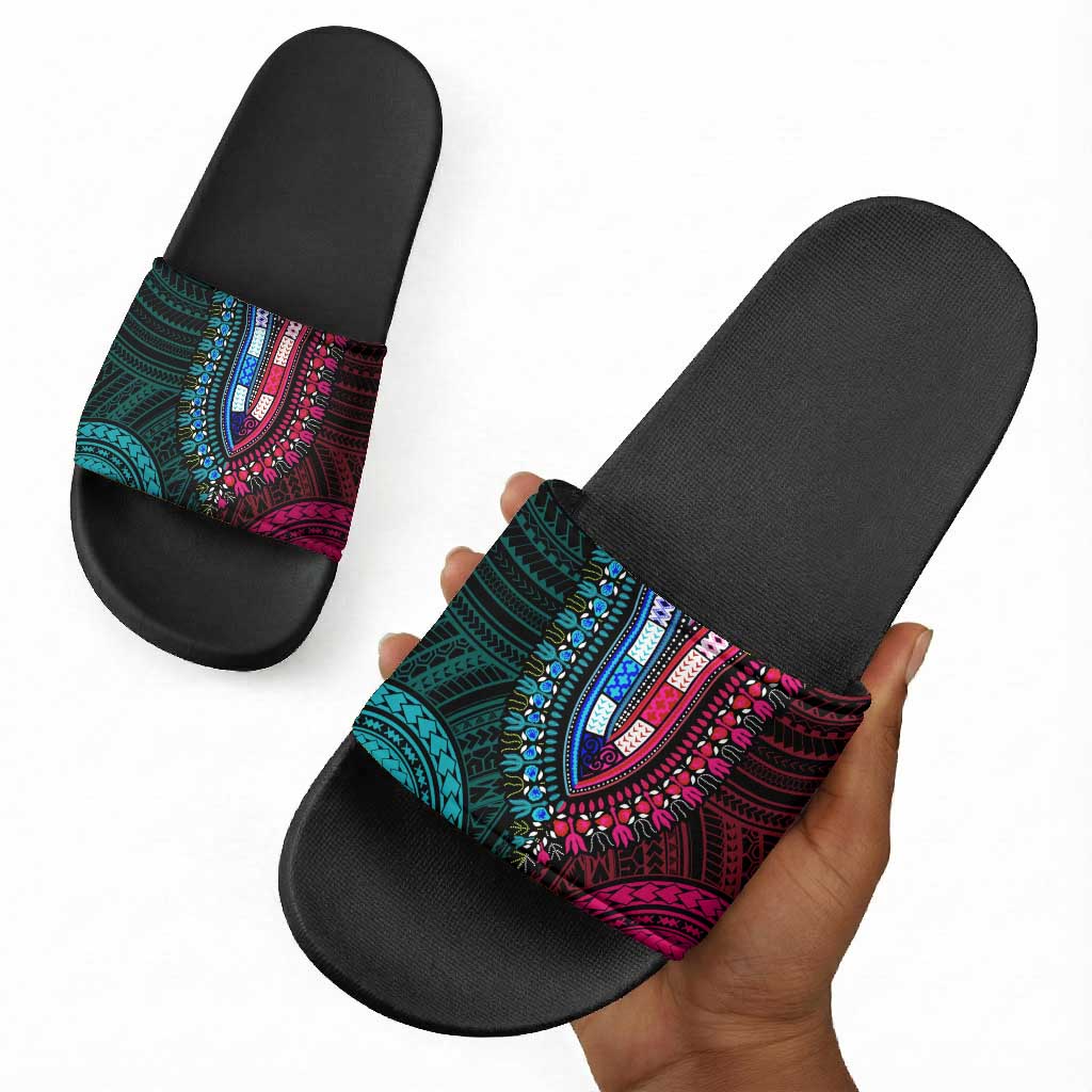 African Dashiki and Polynesian Pattern Slide Sandals Half Teal-Pink