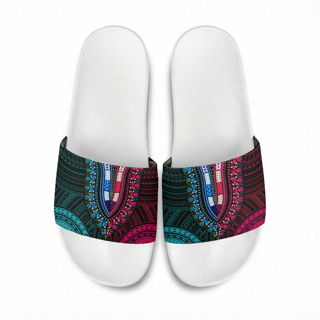 African Dashiki and Polynesian Pattern Slide Sandals Half Teal-Pink