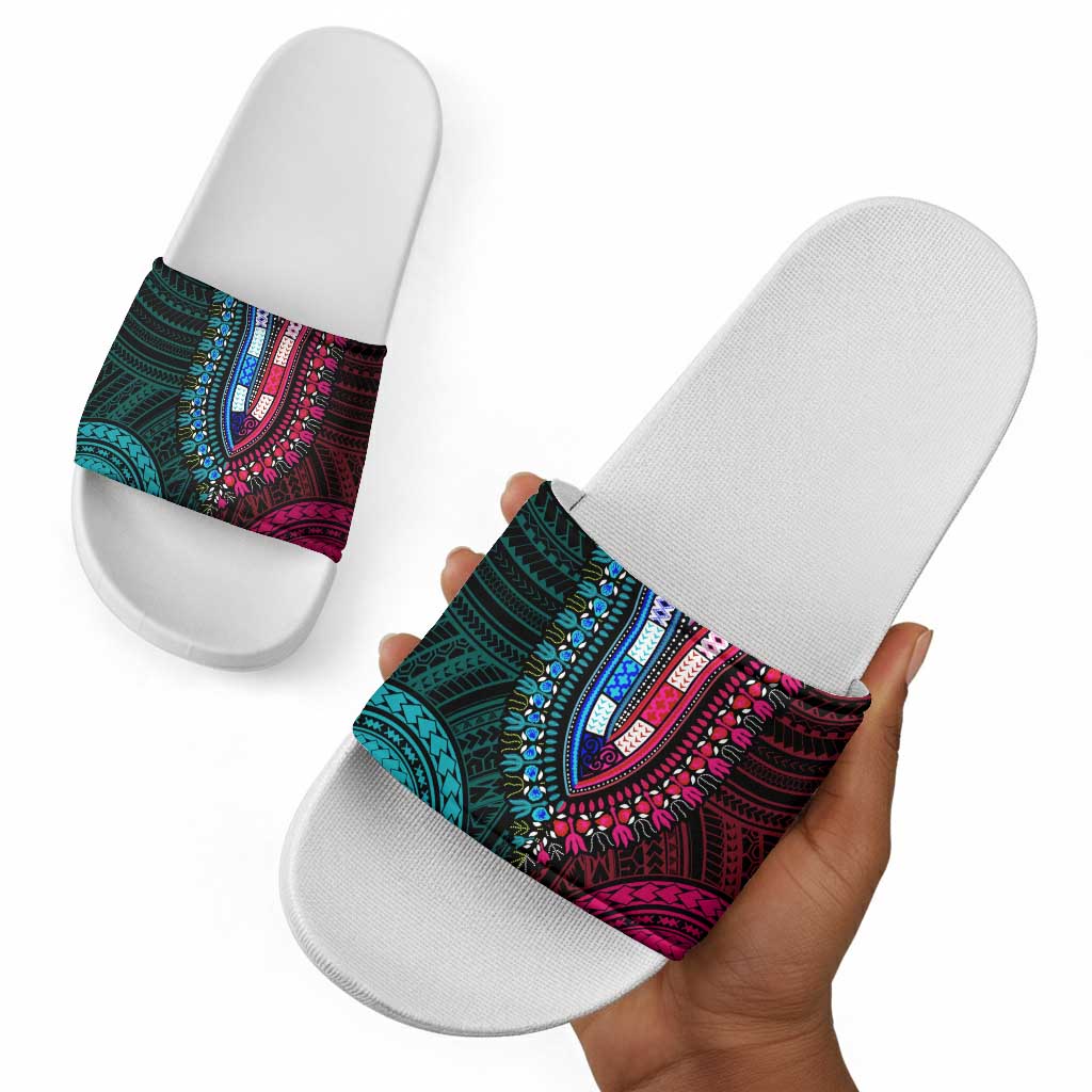 African Dashiki and Polynesian Pattern Slide Sandals Half Teal-Pink