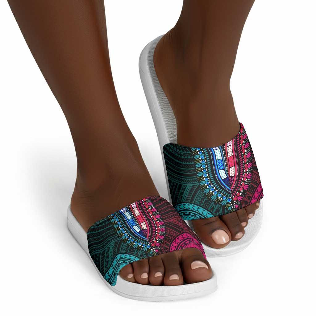 African Dashiki and Polynesian Pattern Slide Sandals Half Teal-Pink