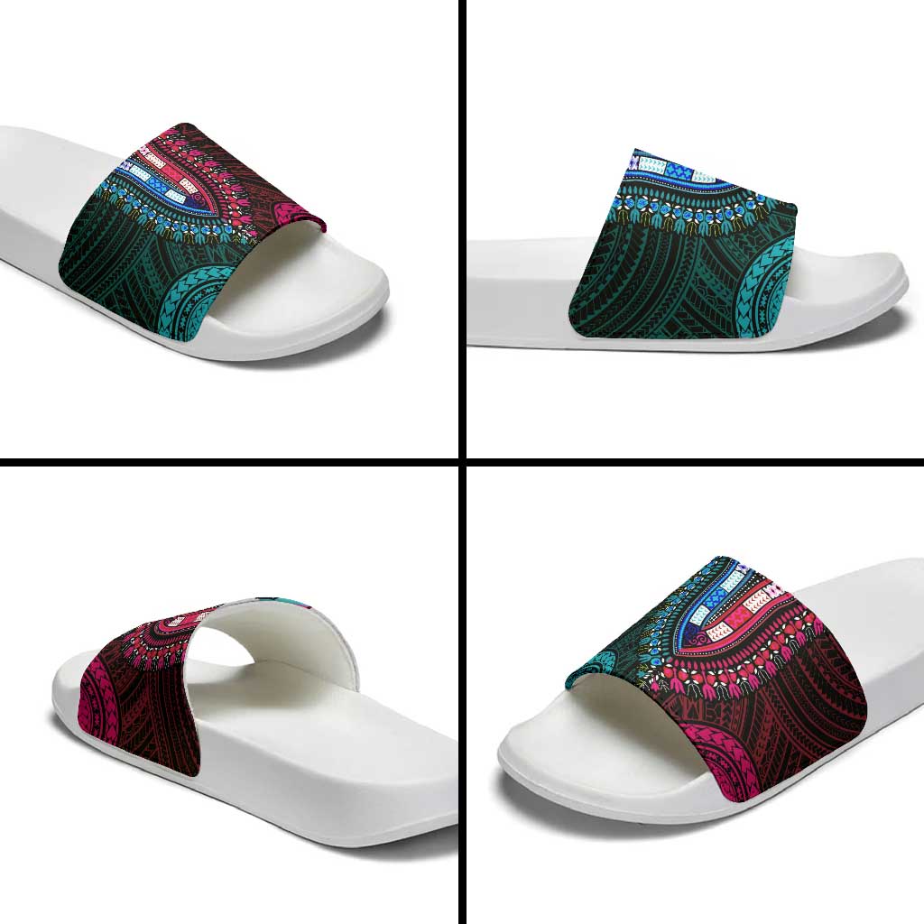 African Dashiki and Polynesian Pattern Slide Sandals Half Teal-Pink