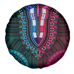 African Dashiki and Polynesian Pattern Spare Tire Cover Half Teal-Pink