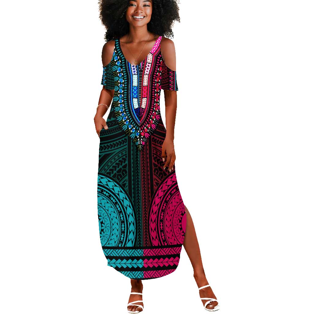 African Dashiki and Polynesian Pattern Summer Maxi Dress Half Teal-Pink