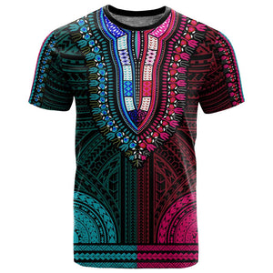 African Dashiki and Polynesian Pattern T shirt Half Teal-Pink