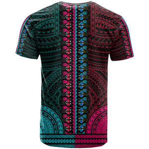 African Dashiki and Polynesian Pattern T shirt Half Teal-Pink