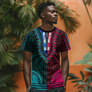 African Dashiki and Polynesian Pattern T shirt Half Teal-Pink