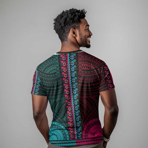 African Dashiki and Polynesian Pattern T shirt Half Teal-Pink