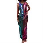 African Dashiki and Polynesian Pattern Tank Maxi Dress Half Teal-Pink