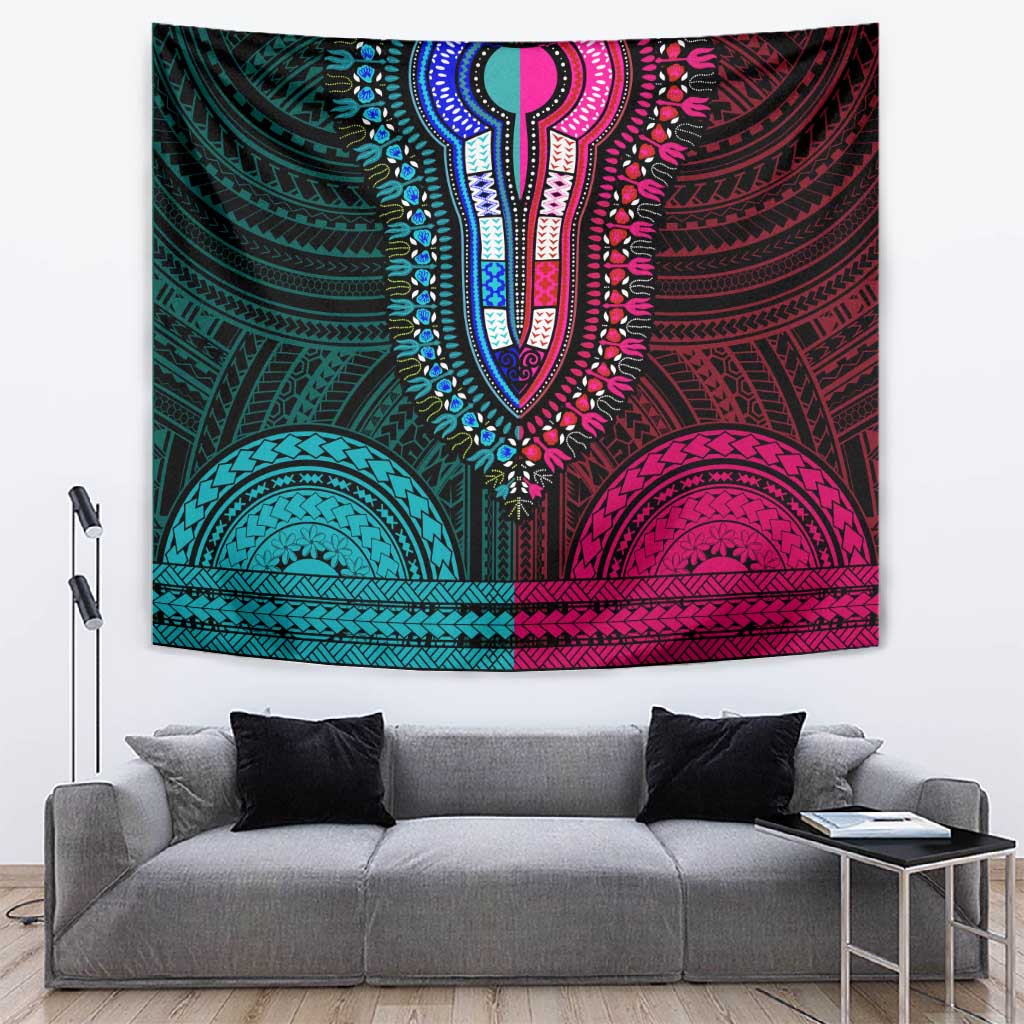 African Dashiki and Polynesian Pattern Tapestry Half Teal-Pink