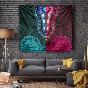 African Dashiki and Polynesian Pattern Tapestry Half Teal-Pink