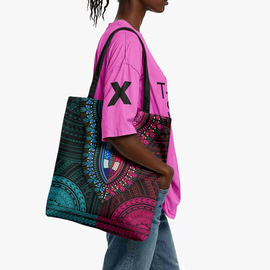 African Dashiki and Polynesian Pattern Tote Bag Half Teal-Pink