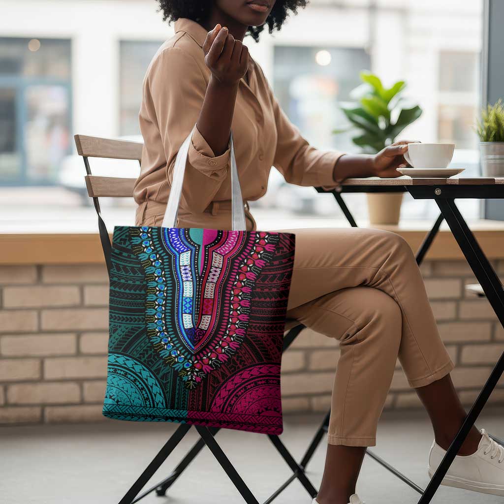 African Dashiki and Polynesian Pattern Tote Bag Half Teal-Pink