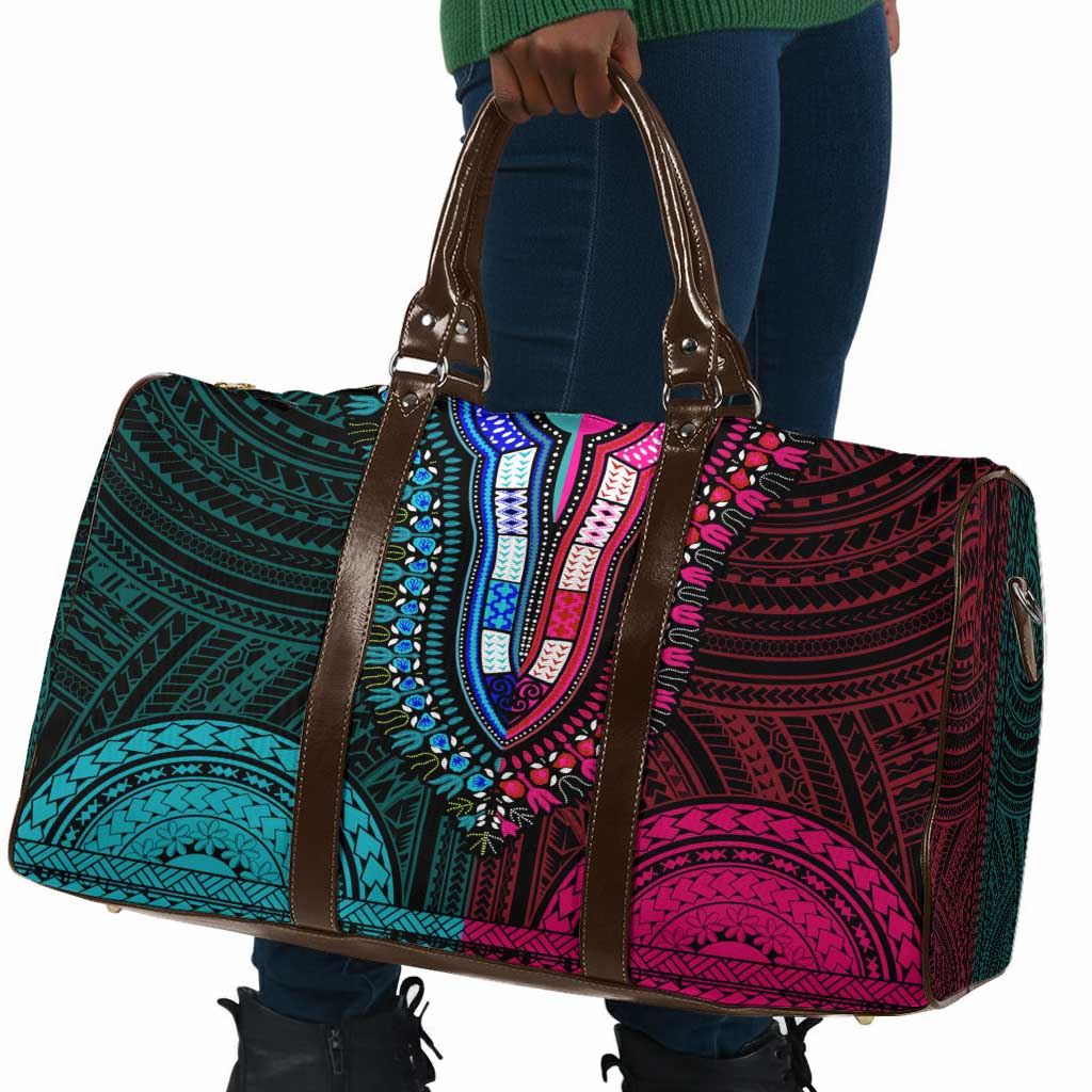 African Dashiki and Polynesian Pattern Travel Bag Half Teal-Pink