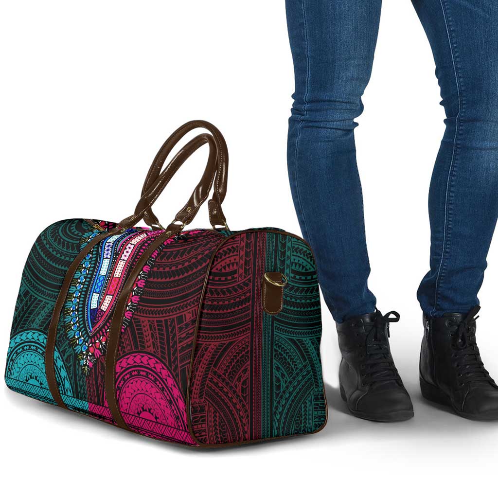 African Dashiki and Polynesian Pattern Travel Bag Half Teal-Pink
