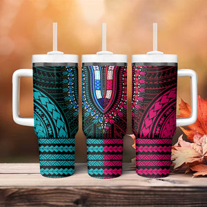 African Dashiki and Polynesian Pattern Tumbler With Handle Half Teal-Pink