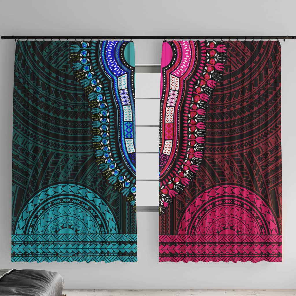 African Dashiki and Polynesian Pattern Window Curtain Half Teal-Pink