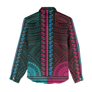 African Dashiki and Polynesian Pattern Women Casual Shirt Half Teal-Pink