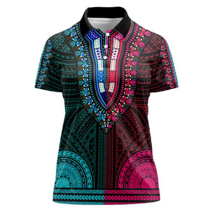 African Dashiki and Polynesian Pattern Women Polo Shirt Half Teal-Pink