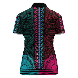 African Dashiki and Polynesian Pattern Women Polo Shirt Half Teal-Pink