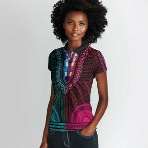 African Dashiki and Polynesian Pattern Women Polo Shirt Half Teal-Pink