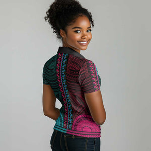 African Dashiki and Polynesian Pattern Women Polo Shirt Half Teal-Pink