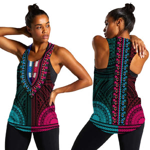 African Dashiki and Polynesian Pattern Women Racerback Tank Half Teal-Pink