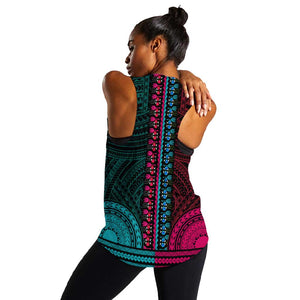 African Dashiki and Polynesian Pattern Women Racerback Tank Half Teal-Pink