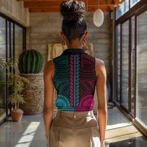 African Dashiki and Polynesian Pattern Women Sleeveless Polo Shirt Half Teal-Pink