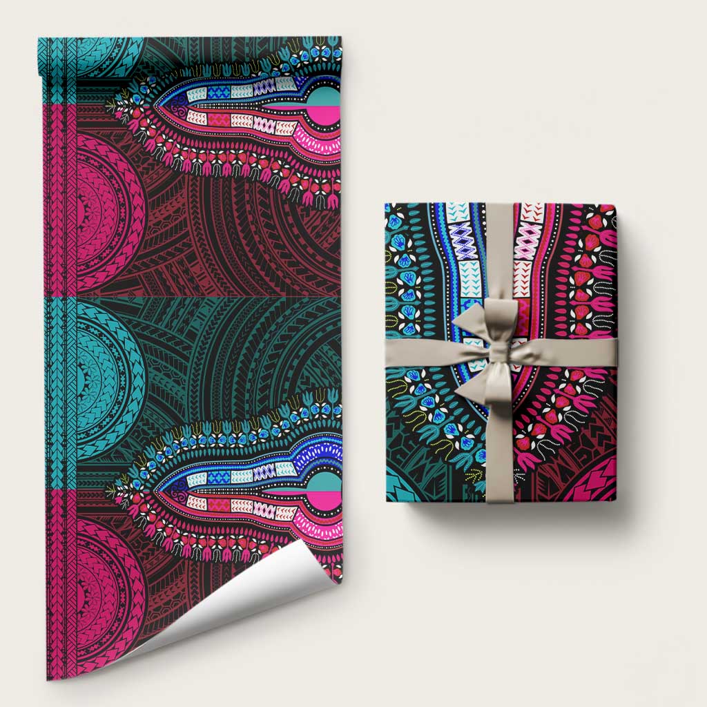 African Dashiki and Polynesian Pattern Wrapping Paper Half Teal-Pink - African Pride