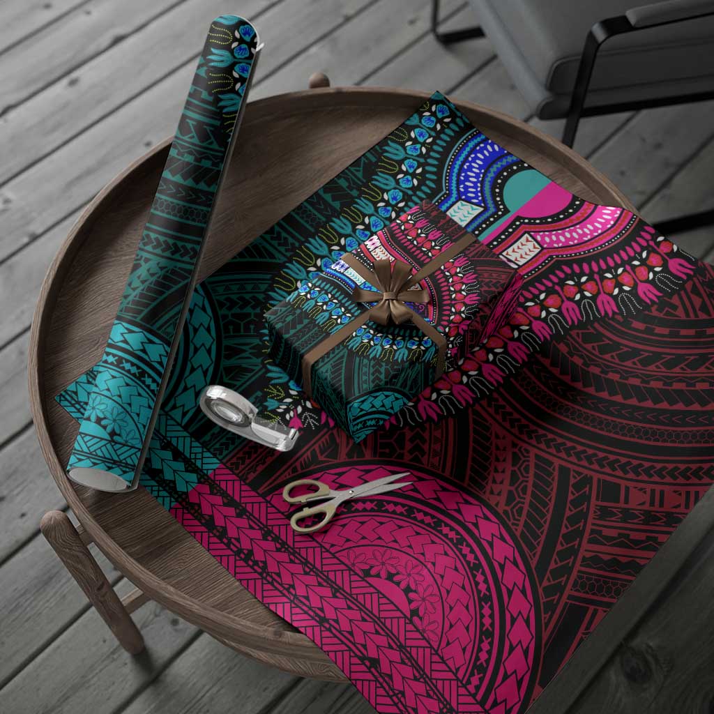 African Dashiki and Polynesian Pattern Wrapping Paper Half Teal-Pink - African Pride