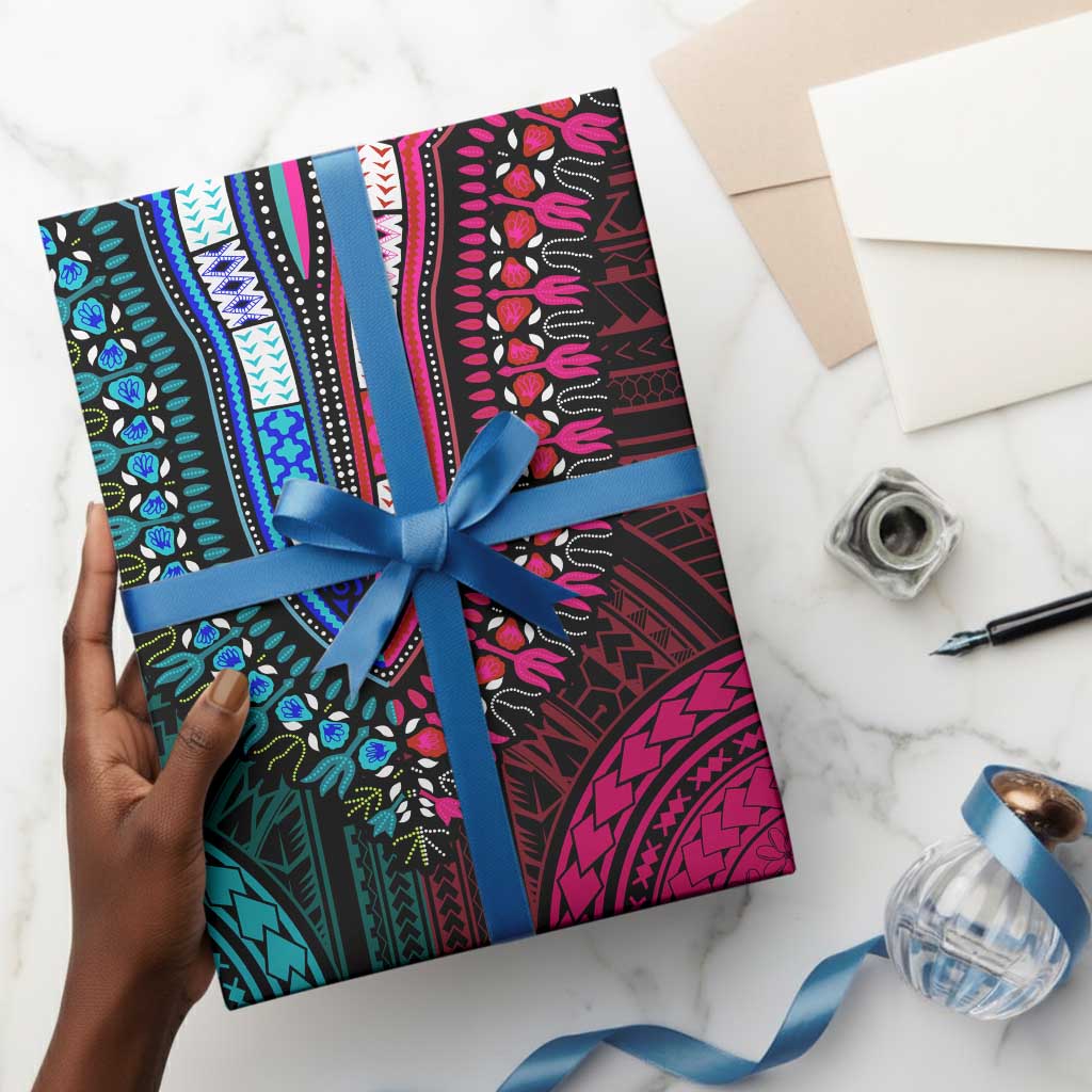 African Dashiki and Polynesian Pattern Wrapping Paper Half Teal-Pink - African Pride
