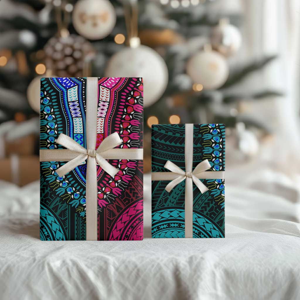African Dashiki and Polynesian Pattern Wrapping Paper Half Teal-Pink - African Pride