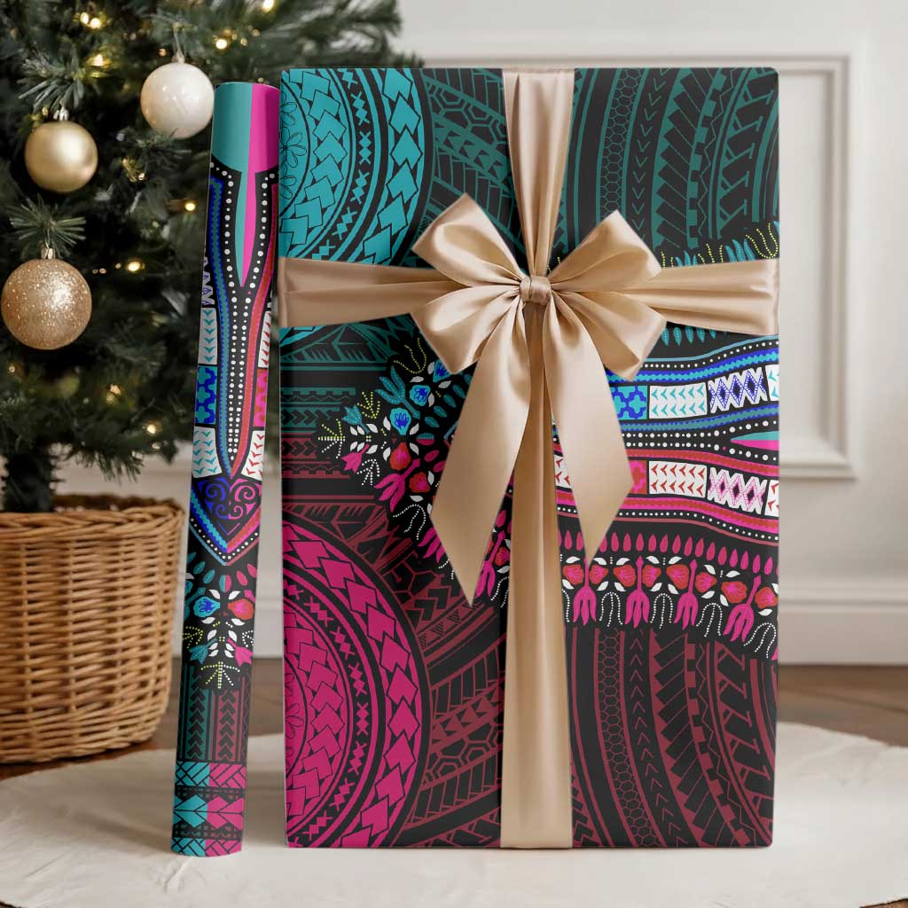 African Dashiki and Polynesian Pattern Wrapping Paper Half Teal-Pink - African Pride