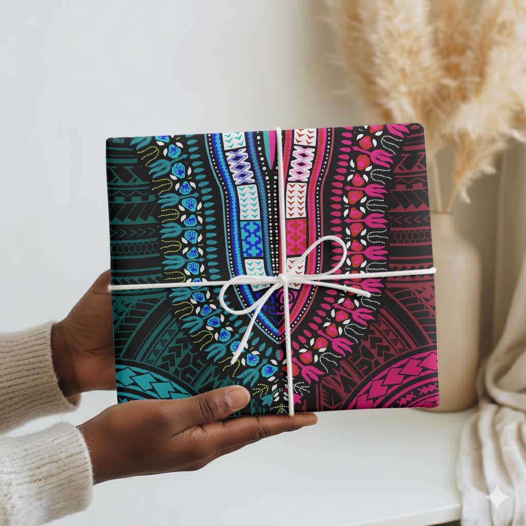 African Dashiki and Polynesian Pattern Wrapping Paper Half Teal-Pink - African Pride