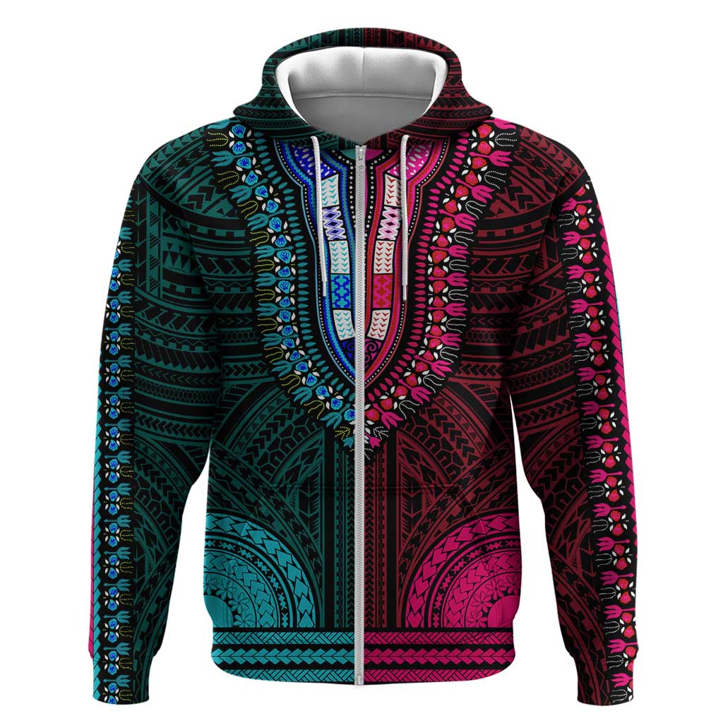 African Dashiki and Polynesian Pattern Zip Hoodie Half Teal-Pink