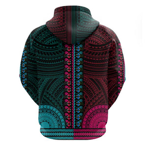 African Dashiki and Polynesian Pattern Zip Hoodie Half Teal-Pink