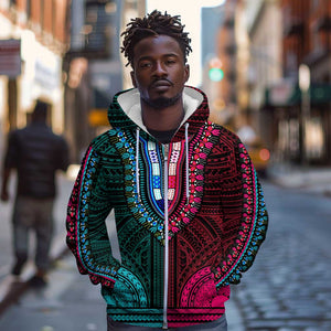 African Dashiki and Polynesian Pattern Zip Hoodie Half Teal-Pink