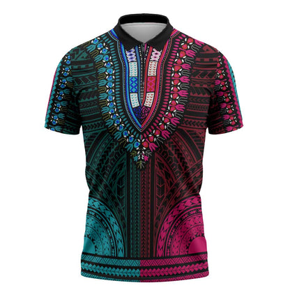 African Dashiki and Polynesian Pattern Zipper Polo Shirt Half Teal-Pink