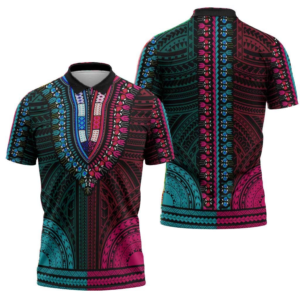 African Dashiki and Polynesian Pattern Zipper Polo Shirt Half Teal-Pink