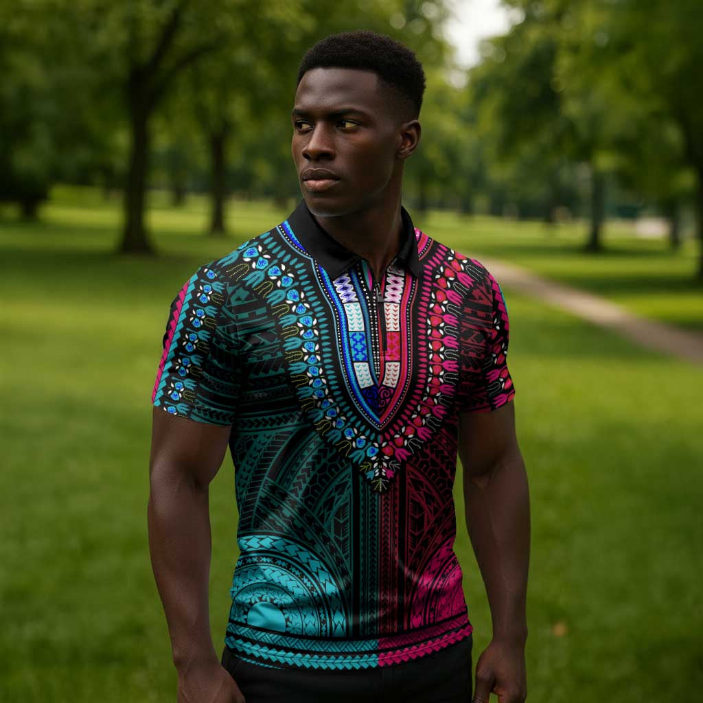 African Dashiki and Polynesian Pattern Zipper Polo Shirt Half Teal-Pink
