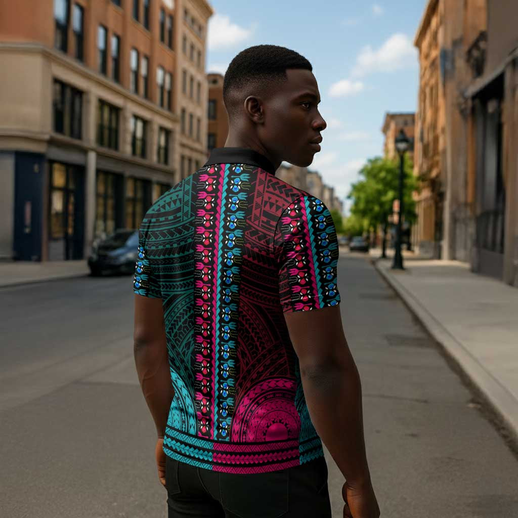 African Dashiki and Polynesian Pattern Zipper Polo Shirt Half Teal-Pink