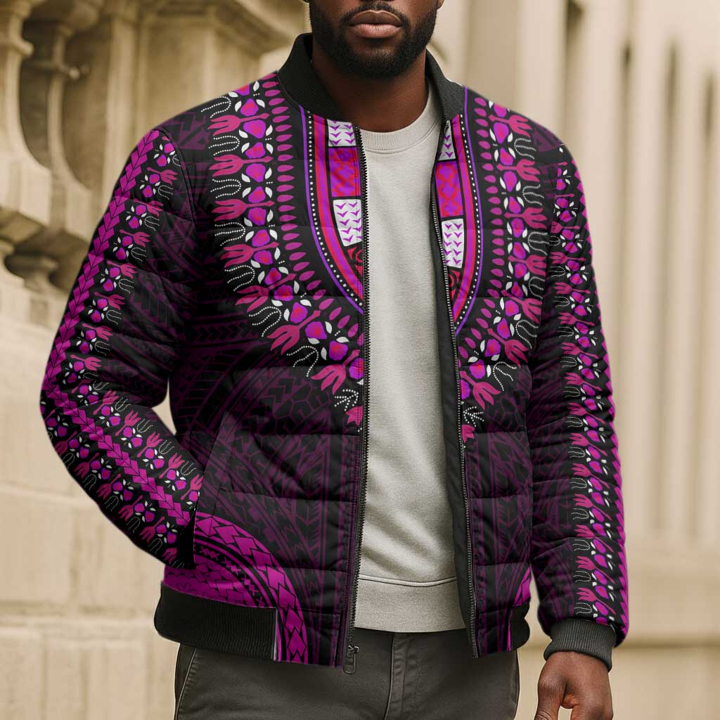 African Dashiki and Polynesian Pattern Bomber Puffer Jacket Pink