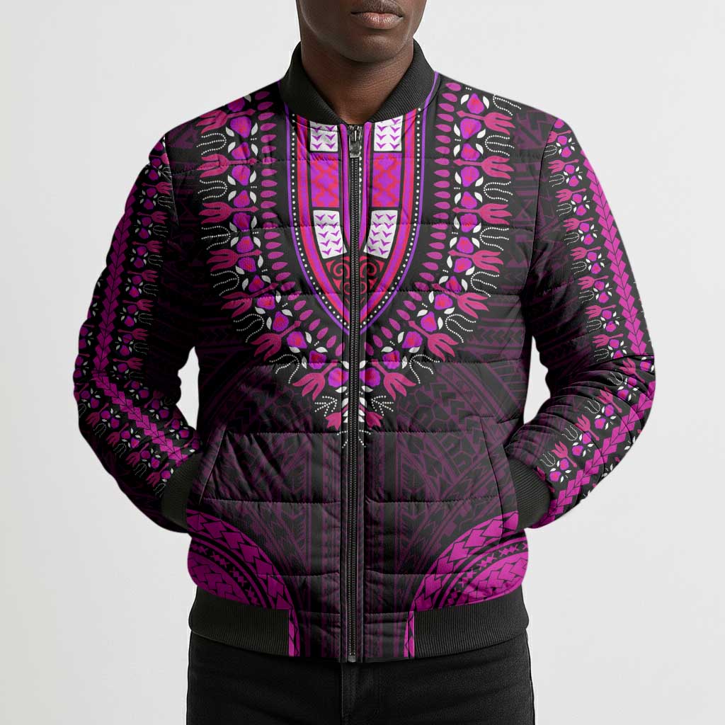 African Dashiki and Polynesian Pattern Bomber Puffer Jacket Pink