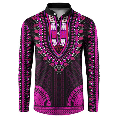 African Dashiki and Polynesian Pattern Button Sweatshirt Pink